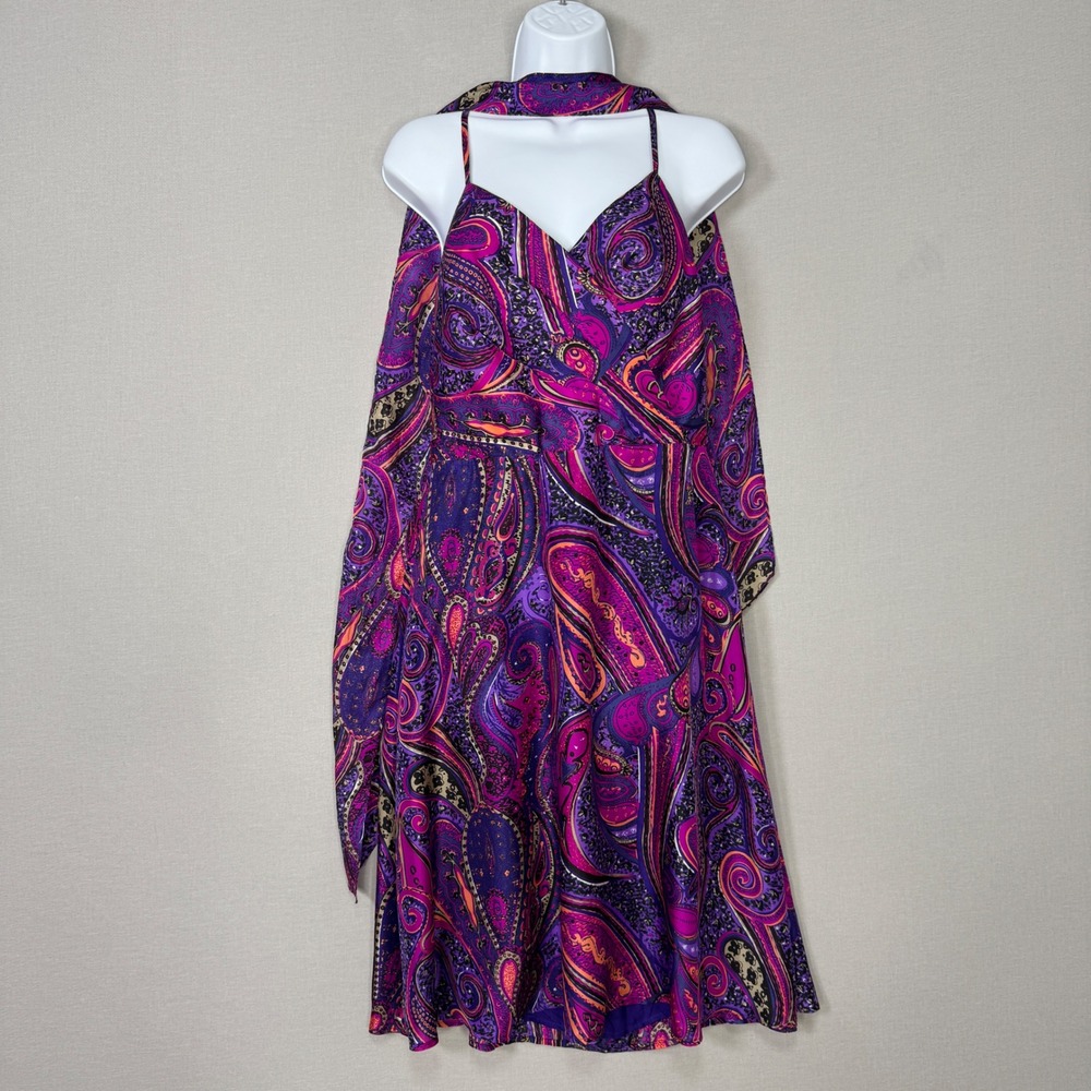 Trina Turk Paisley 100% Silk Dress Womens 12 Purple Scarf/Belt Y2K Fairy Retro
